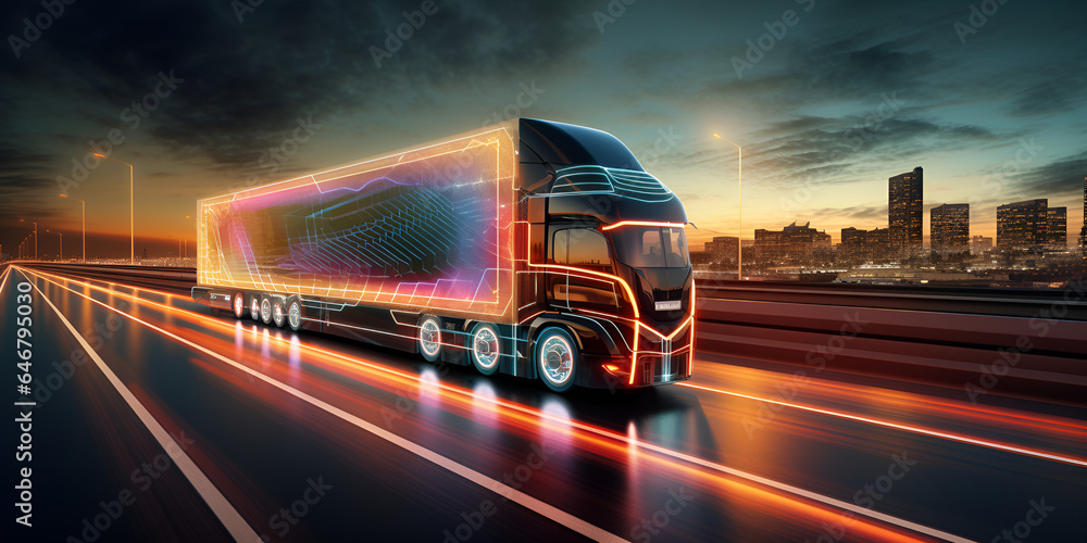 Logistic truck carrying goods on the road. Transportation, supply chain and shipping concept, Truck on the road with motion blur background concept of fast driving , generative ai
