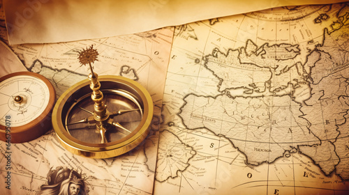 Nautical Nostalgia: Vintage Sailboat, Compass, and Ancient Map. Dive into the maritime past, delving into sea voyages, discoveries, pirates, sailors, geography