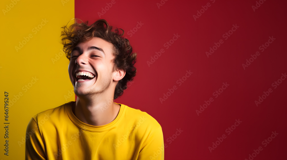 Colorful studio portrait of an attractive young man laughing happily. Bold, vibrant and minimalist. Generative AI