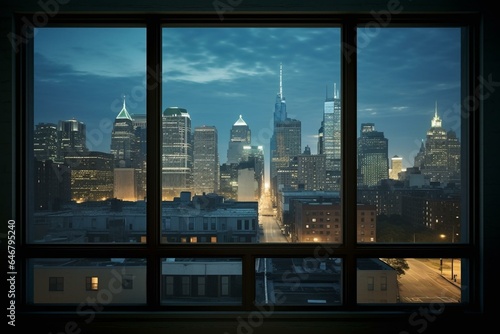 Nighttime cityscape view from high-rise window of an empty room with beautiful Philadelphia skyline buildings. Generative AI