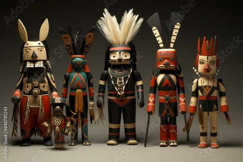 Traditional Hopi spirit beings represented in the form of dolls, commonly known as kachinas. Generative AI