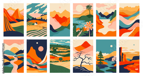 Big set of abstract mountain landscape banner collection. Trendy flat collage art style backgrounds of diverse vintage travel scenery. Nature environment, coast biome, multicolor hills, desert dunes.