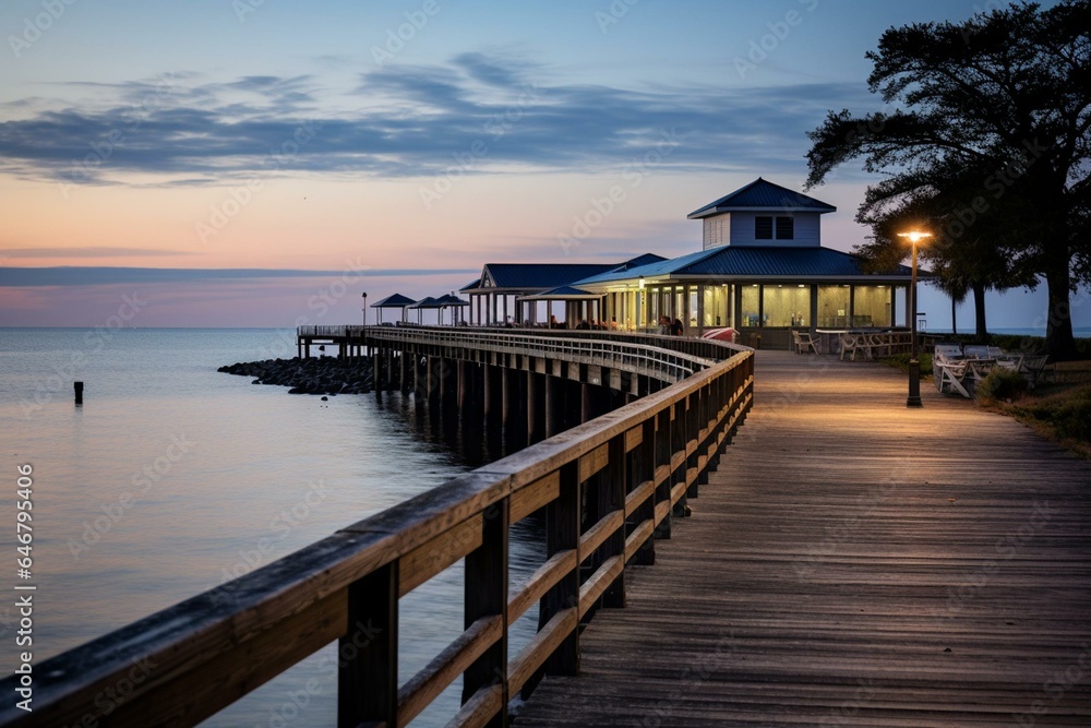 The pier in Fairhope, Alabama overlooks Mobile Bay. Generative AI