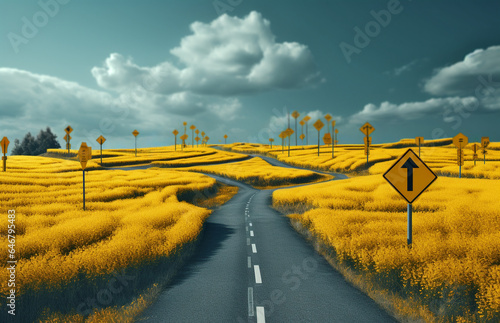 fork on road, concept of uncertainty and confusion of future, illustration photo