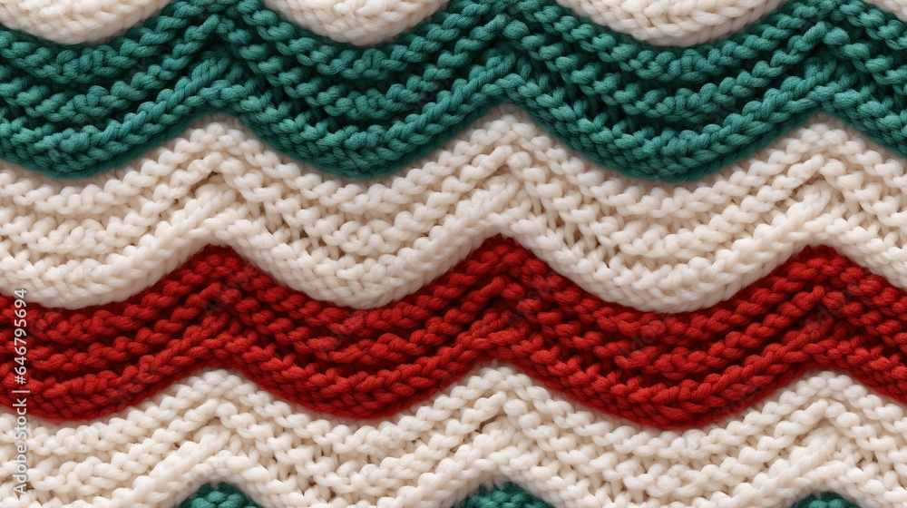 Fototapeta premium Seamless white, green, red knitwear Fabric Texture with Pigtails. Repeating Machine Knitting Texture of Sweater. Knitted Background.