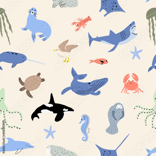 Sea animals seamless pattern. Cute aquatic fish  turtle  whale  narwhal  dolphin  octopus  starfish  crab  jellyfish  seal and other. Kids vector background.