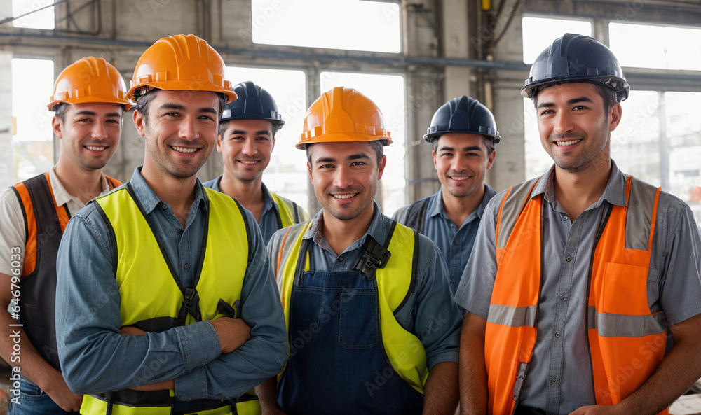 group of industrial workers in safety vests and hard hats collaborating on a project on building site, generative AI group of industrial workers in safety vests and hard hats collaborating on a project on building site, generative AI