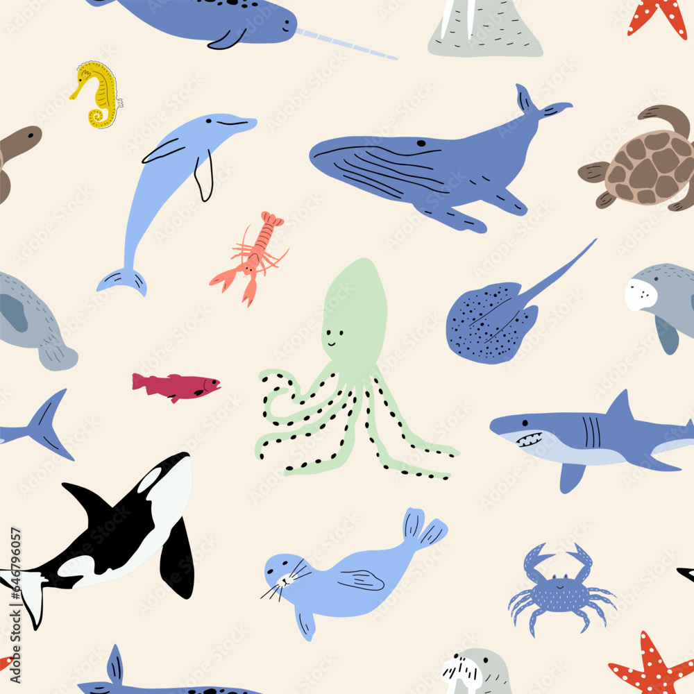 Fototapeta premium Sea animals seamless pattern. Cute aquatic fish, turtle, whale, narwhal, dolphin, octopus, starfish, crab, jellyfish, seal and other. Kids vector background.