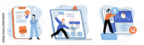 Application testing metaphor. Vector illustration. Software testing, cleaner that sweeps potential bugs off software floor Application testing, safety check ensuring glitch-free user experiences