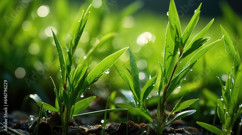 View of lush green rice shoots in green rice fields