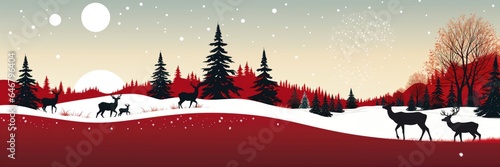 A wide-format Christmas background image  featuring a festive Christmas red background with the silhouette of reindeers  creating a holiday landscape. Illustration