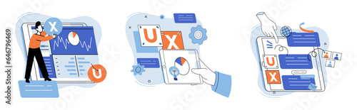 User experience design. Vector illustration. UX, roadmap for smooth user interface journey Designing software, task of building compelling user interface User interface, mirror reflecting softwares