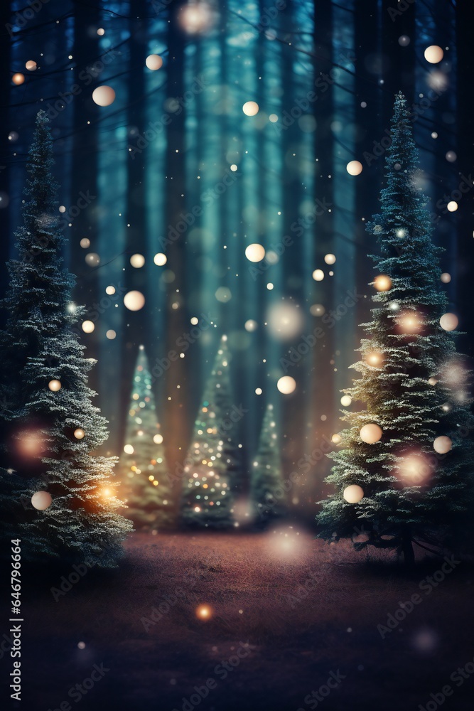 Stylish magical forest with Christmas trees and glowing bokeh lights Generative AI