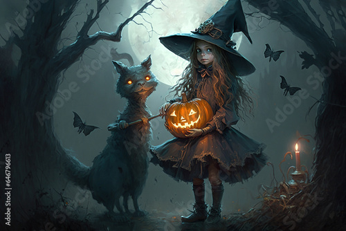 Witch with pumpkin Happy Halloween concept