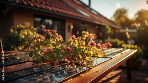 View of solar panels on house roof with sunlight © MBRAMO