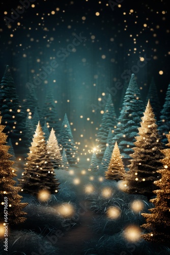 Stylish magical forest with Christmas trees and glowing bokeh lights Generative AI