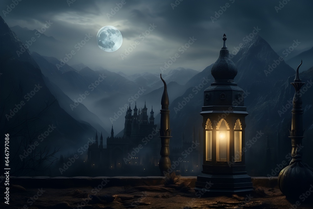 Obraz premium Arabic lantern on the background of the night sky with the moon 1