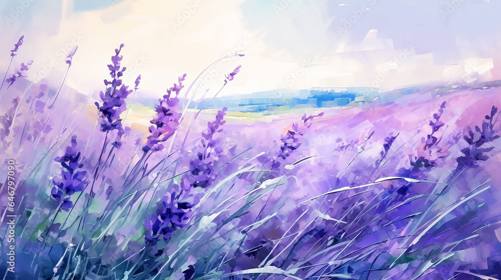 Fototapeta premium lavender field watercolor delicate drawing.