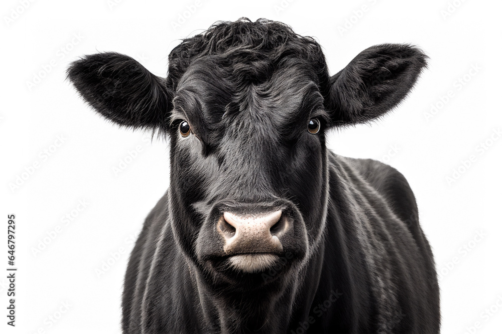 Black angus or Aberdeen angus cow, beef cattle, front view portrait isolated on white background Black angus or Aberdeen angus cow, beef cattle, front view portrait isolated on white background