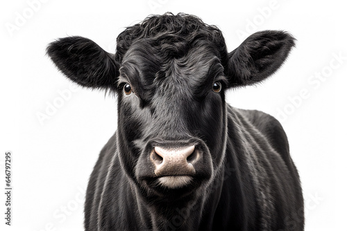Black angus or Aberdeen angus cow, beef cattle, front view portrait isolated on white background