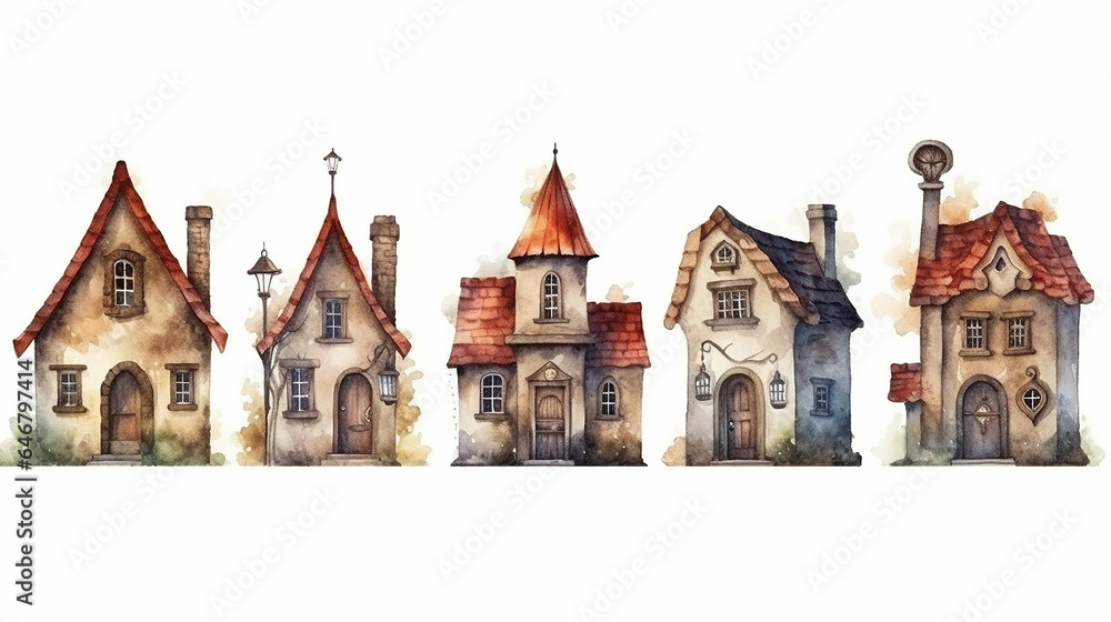 collection of a set of small European rustic fairy-tale houses painted in watercolor.