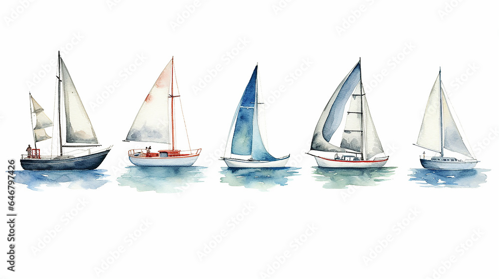 set, a collection of watercolor drawing of a boat with a sail.