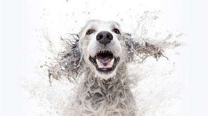 dog shakes off water studio photo white background, happiness joy.
