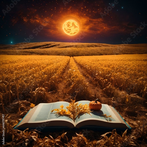 beautiful open book in the halloween wheat field with attractive light and details 