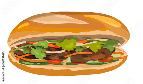 Banh Mi Vietnamese Sandwich. Top View Vietnamese Food Illustration Vector. 