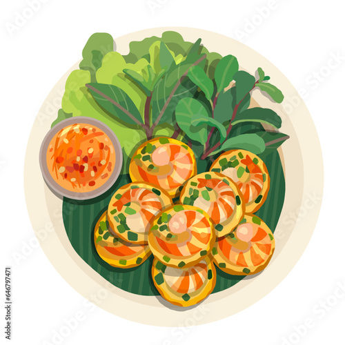 Banh Khot Mini Vietnamese Savory Pancakes. Top View Vietnamese Food Illustration Vector.