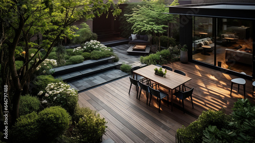Fototapeta Naklejka Na Ścianę i Meble -  The exterior of a back garden patio area with wood decking