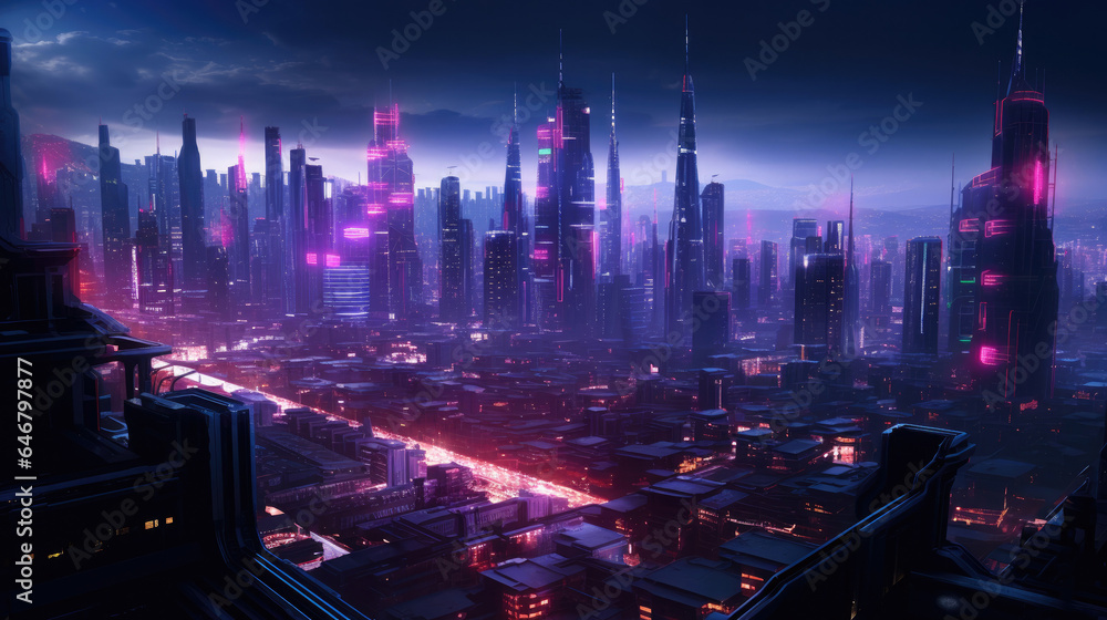futuristic city skyline at night, cyberpunk city view