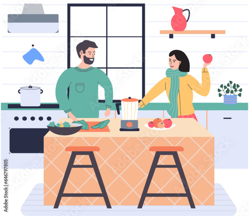 People cooking vegetarian food. Vector illustration. Smiling people cooking on home interior kitchen table. Characters cooking fresh salad and other healthy meals from fresh vegetables