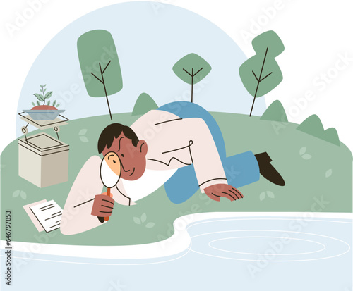 Biologist conducts experiments with water life, studies environment and its inhabitants in nature. Ecological researcher analyzing test data from pond or river. Scientist holding magnifying glass