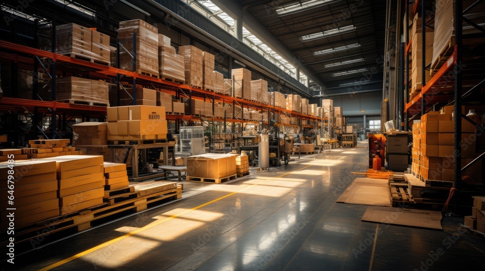 warehouse with racks, pallets and forklifts warehouse with racks, pallets and forklifts