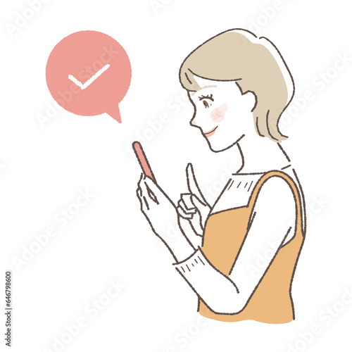 スマートフォンをチェックする女性のイラスト　横顔