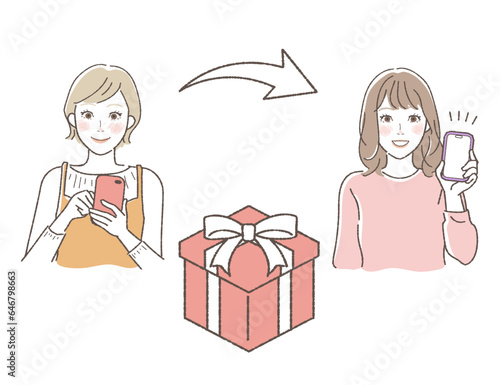 友達をスマホで招待する女性のイラスト