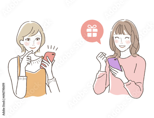 友達をスマホで招待する女性のイラスト
