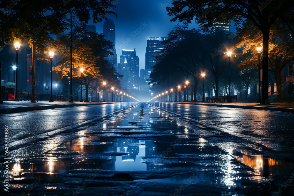 Rainy and empty street intersection at night