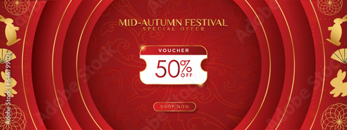 Mid-Autumn Festival 50% Discount Voucher Banner with oriental pattern design elements on red gradient background, shop now CTA button. Vector Illustration. EPS 10
