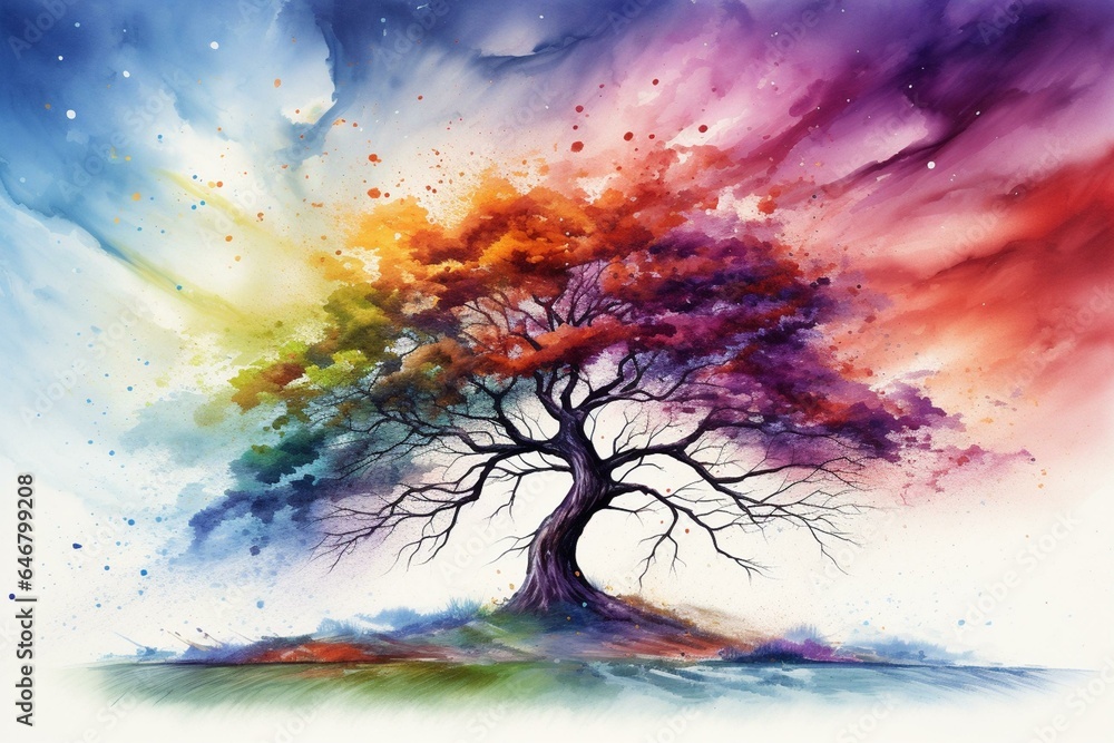 Lonely tree depicted in vibrant watercolor, set in a backdrop of colorful winds. Generative AI