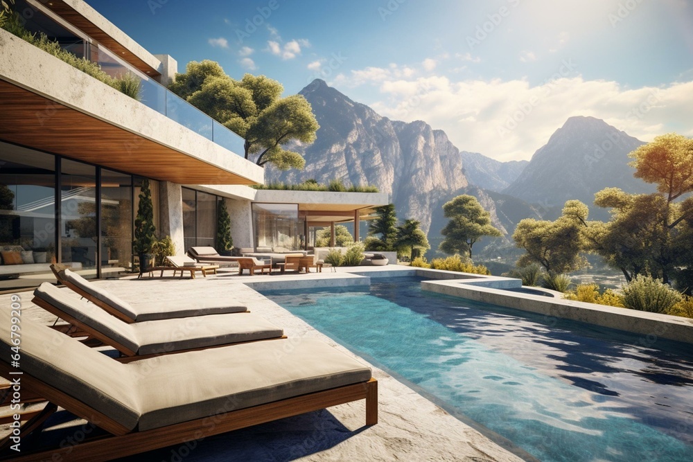 A beautiful house with an amazing pool and mountain scenery. Generative AI