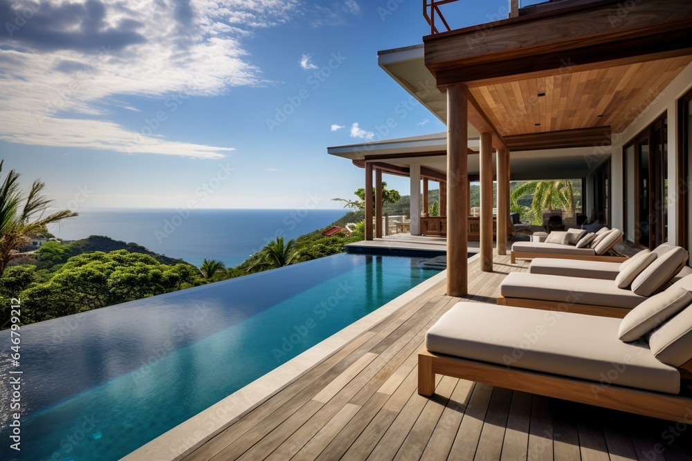 Stylish villa, serene pool, stunning ocean view. Generative AI