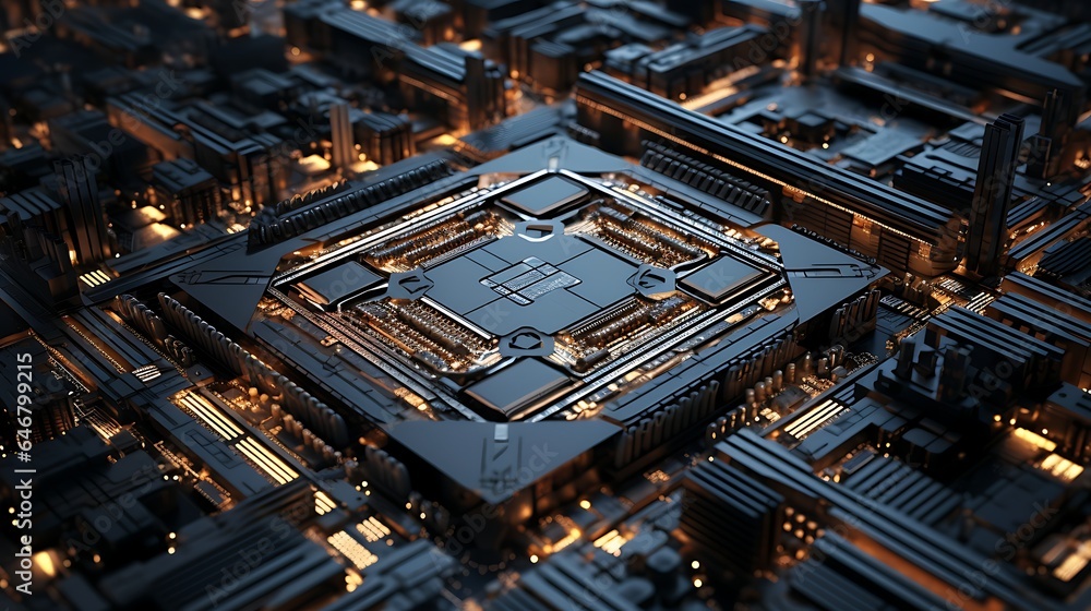 Macrophotography of a Computer motherboard 3D city, AI Generative