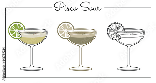 Alcohol drinks line art illustration. Vector illustration Pisco Sour