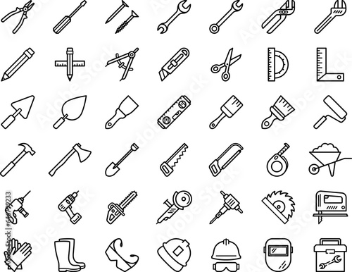 A set of linear tool icons for web design in the construction, repair or maintenance industry