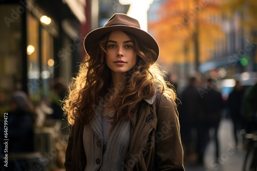 Young woman tourist in jacket, hat and with backpack standing on street in city on sunny autumn evening looking at camera
