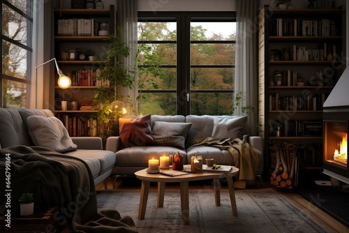 An image showing the interior design of a cozy living room. Generative AI © Wren