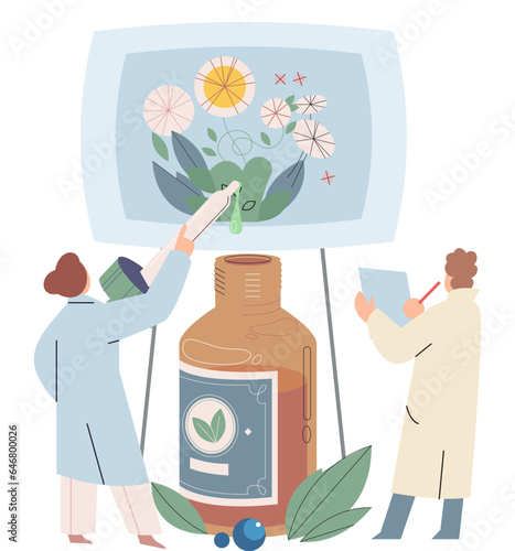 Herbal medicine and alternative homeopathy concept with scientists at monitor with plants. Organic treatment elements with natural products, herb pharmacy, food supplement and essential oils