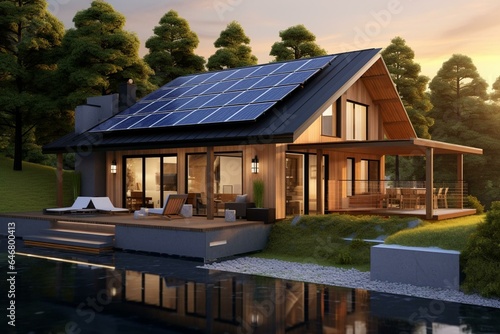 Vacation home with solar modules in planning - 3D visualization. Generative AI